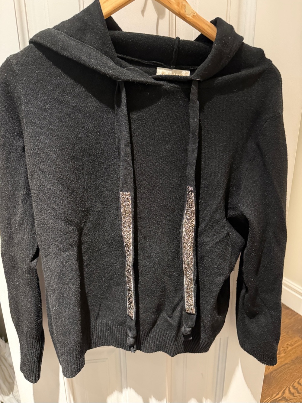 Black Hooded Women's Sweater with Embellished Drawstrings